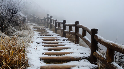Snowy winter bridge over a frozen river in a cold natural landscape