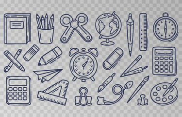 Hand-drawn school supplies icons png set on transparent background. Back to school doodle hand drawn elements, vector set. Vector illustration.