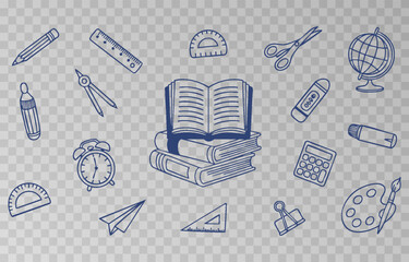Hand-drawn school supplies icons png set on transparent background. Back to school doodle hand drawn elements, vector set. Vector illustration.