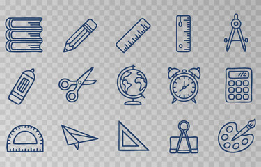 Hand-drawn school supplies icons png set on transparent background. Back to school doodle hand drawn elements, vector set. Vector illustration.