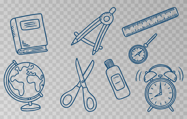 Hand-drawn school supplies icons png set on transparent background. Back to school doodle hand drawn elements, vector set. Vector illustration.