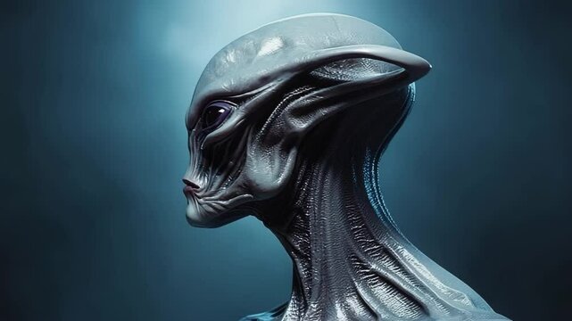 Silver-Skinned Alien Humanoid Turning Head under Cold Blue Light