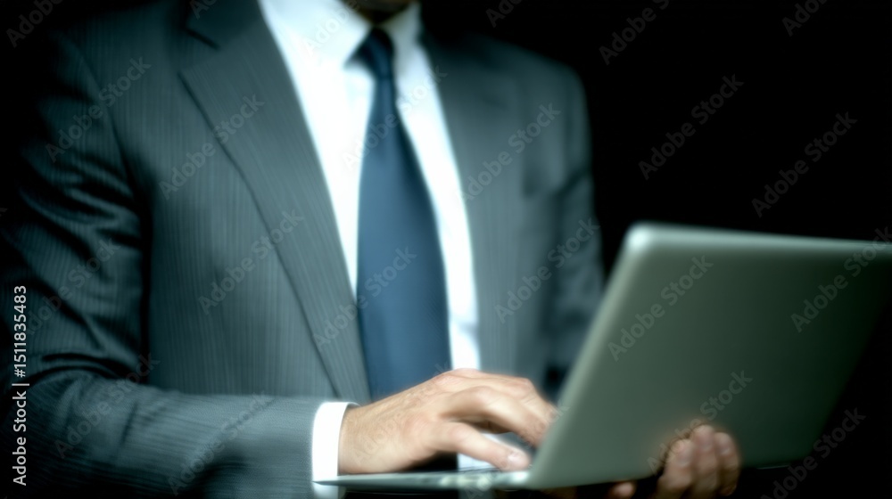 Poster business professional using a laptop in a formal setting with no transparency
