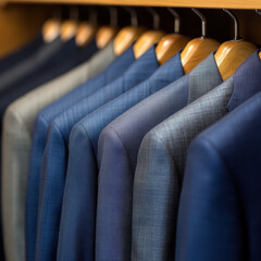 Obraz premium Rack with suits hanging, various colors and patterns, neatly arranged in a clothing store, reflecting professional attire.