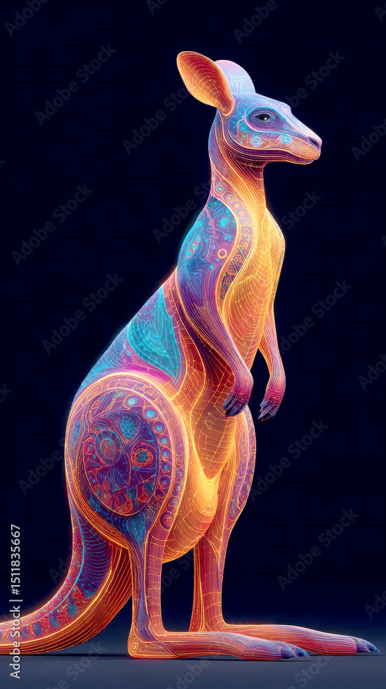 Poster colorful kangaroo with intricate patterns and glowing lines