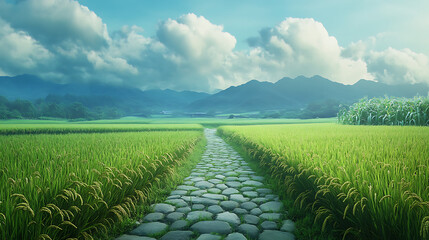 Tranquil Green Rice Paddy Field with Stone Path and Distant Mountains, A peaceful and intriguing atmosphere 