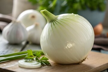 Fresh white onion with garlic and herbs on wooden board