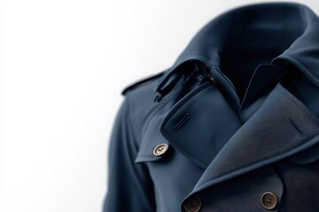 A fashionable blue trench coat is displayed on a simple, elegant background. The coat features a classic design with lapels and buttons. The focus is on its sophisticated silhouette.