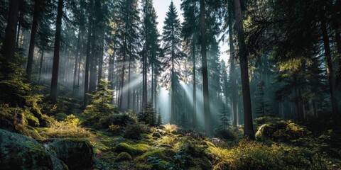 Fototapeta premium Dreamy Woodland Scene with Fog