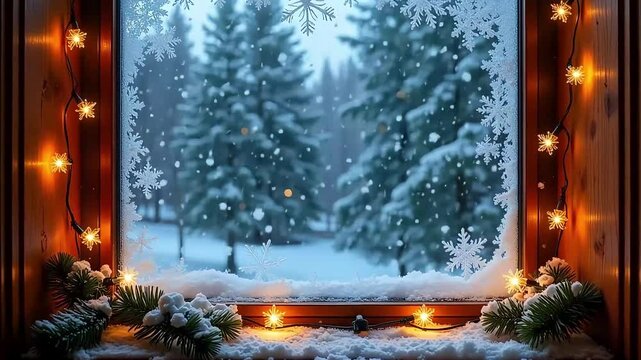 Cozy winter window scene with snowflakes and lights christmas holiday background