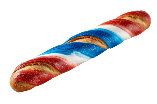 A set of festive French baguettes with tricolor icing celebrating Bastille Day, isolated on a transparent background
