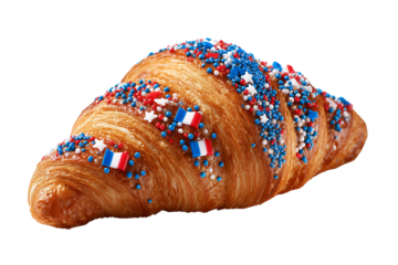A set of festive croissants with patriotic French details and themed garnishes, isolated on a transparent background