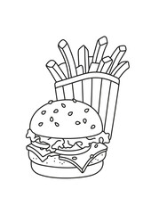 Cheeseburger and French fries. Coloring page for adults and children.