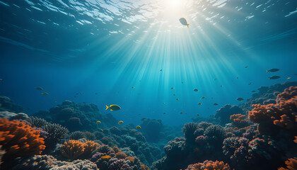 Obraz premium Vibrant coral reefs underwater scene celebrating world reef awareness day. Horizontal banner. Copy space. 