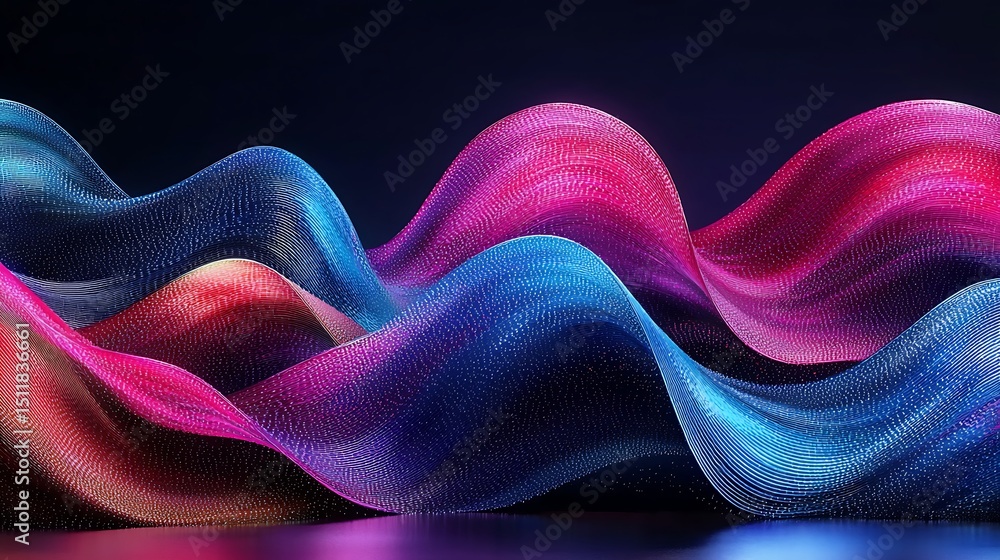 Poster dynamic waves of colorful light abstract visuals digital art studio environment close-up view vibran