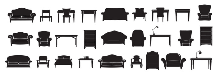 black furniture silhouette icons set.