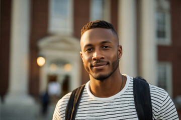 Fototapeta premium Portrait of a young black male university student smiling confidently on campus, embodying ambition and a bright future in education