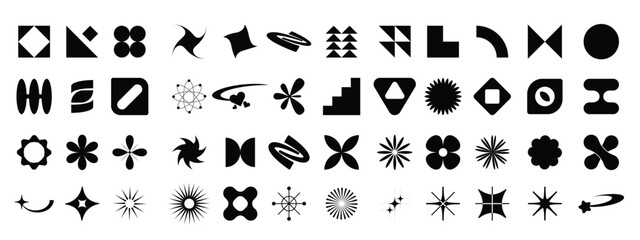Naklejka premium Black geometric abstract shapes collection. Set of shapes element. Flower, star, square shapes. vector