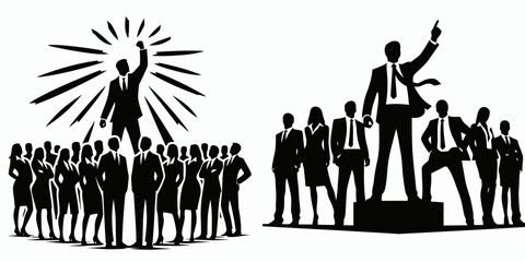 Businessman inspiring investors. Business Finance Corporate Office Success Entrepreneur Clipart Line Art Vector Illustration. Executive motivating backers funding achievement monetary.