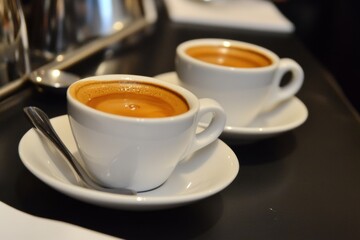 Fototapeta premium Two Espresso cups with coffee. Freshly brewed espresso shots on a dark wooden table with copy space, background, caffeine. Espresso cups, spoons, saucers. Refreshing hot cup of strong coffee at a cafe