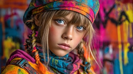 urban style girl with attitude, color clash fashion street portrait, cool vibes with cap and wall