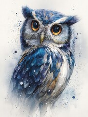 A beautifully crafted illustration of a blue and white owl with striking orange eyes, exuding a sense of wisdom and charm. The artwork features splashes of color that enhance its enchanting presence.