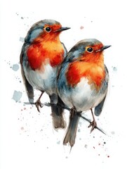 Two vibrant robins cling to a thin branch, their bright orange and blue feathers striking against the soft background.