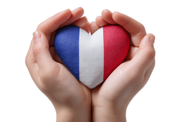 A set of heartfelt patriotic French flags in human hands representing compassion, isolated on a transparent background