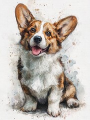 A corgi sits happily, tongue out and tail wagging. Its bright eyes and playful demeanor convey joy. The background features soft colors that enhance its adorable presence.