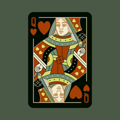 Queen of Hearts, playing poker card in black design. Isolated vector illustration. Editable stroke lines.