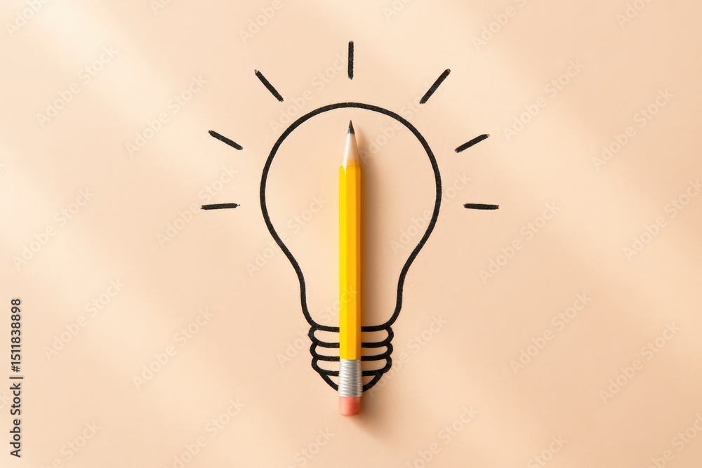 Poster creative idea generation pencil forming a lightbulb in minimalistic composition representing innovat