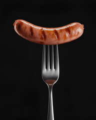 A photograph of a silver fork piercing a juicy, grilled sausage against a stark black background