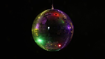 Rotating disco ball reflecting colorful lights on black background