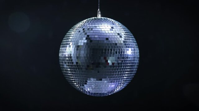 Rotating disco ball reflecting light on black background