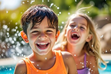Happy children playing in pool summer fun splashing water