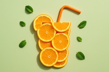 Refreshing Citrus Drink Concept Orange Slices Stacked to Mimic a Glass with Straw and Mint on Light Green Background