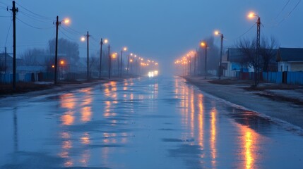 Foggy Night Road with Street Lights and Reflections on Wet Surface