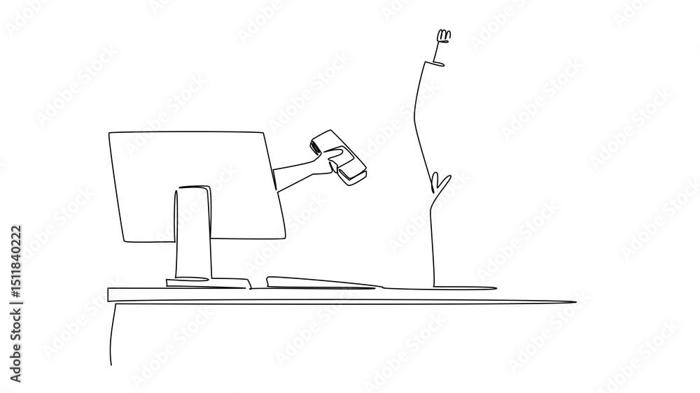 Poster animated self drawing of continuous one line drawing hands out of the monitor screen while holding a