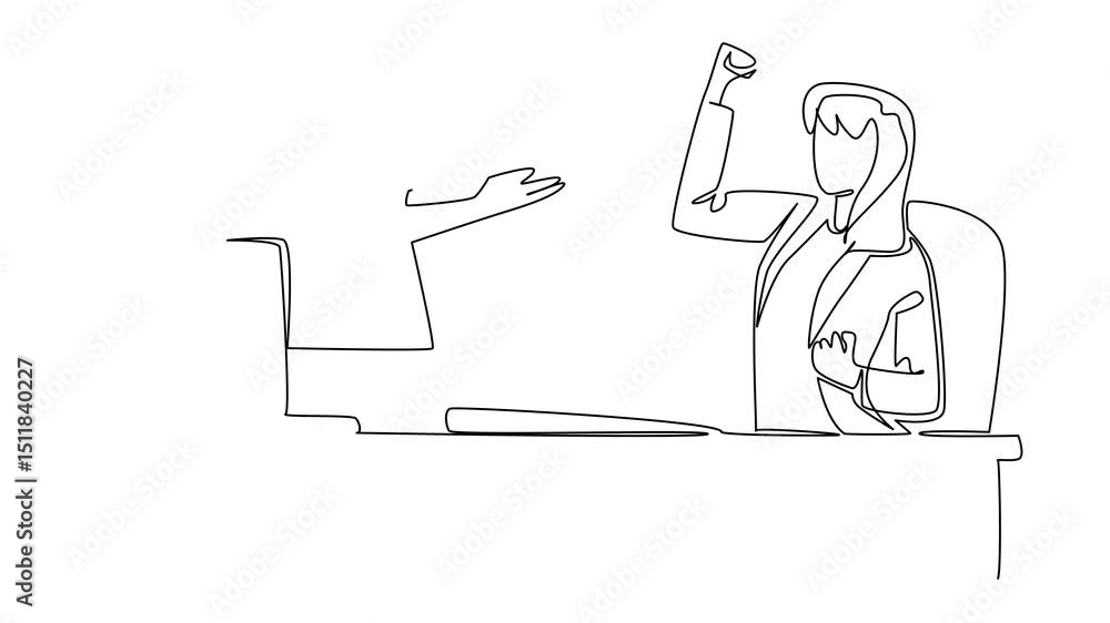 Poster self drawing animation of single continuous line drawing hands out of monitor screen while holding p