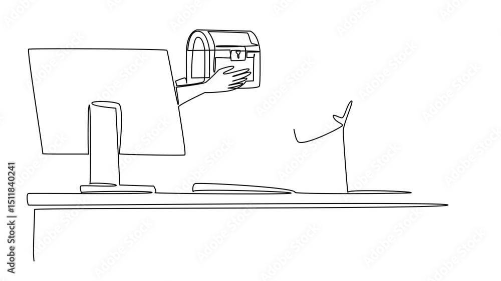 Poster animated self drawing of continuous line drawing hands out of the monitor screen while holding treas