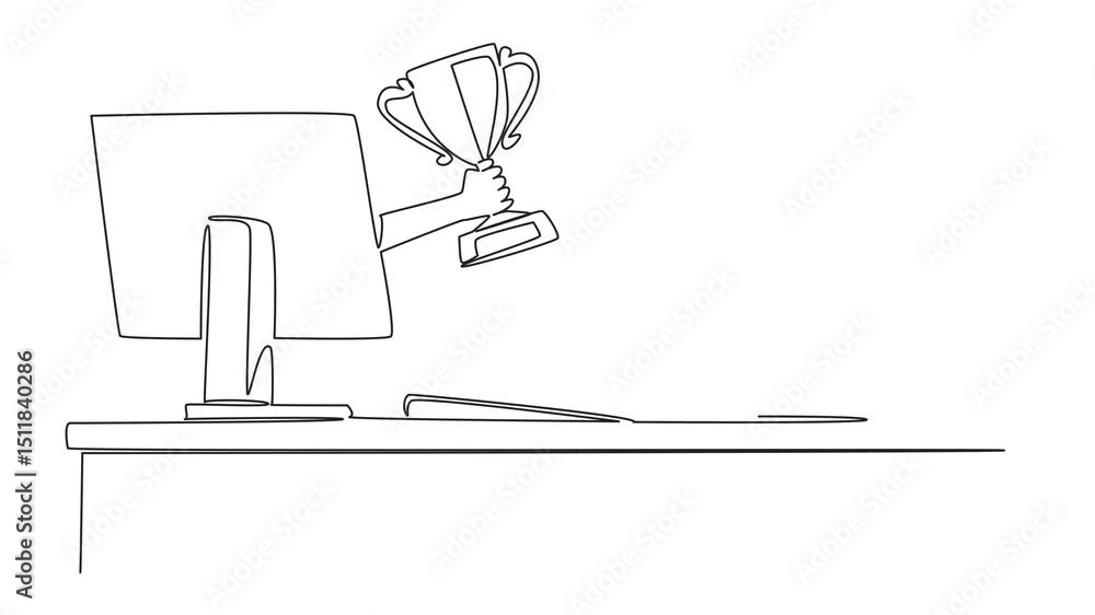 Poster self drawing animation of continuous line drawing hands out of the monitor screen while holding a tr