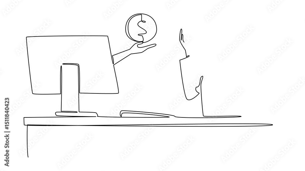 Poster animated self drawing of continuous line drawing hands out of monitor screen while holds penny. ease