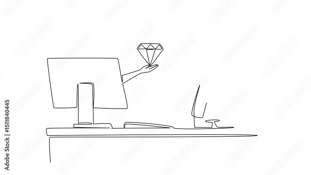 Poster self drawing animation of single continuous line drawing hands out of monitor screen while holding a