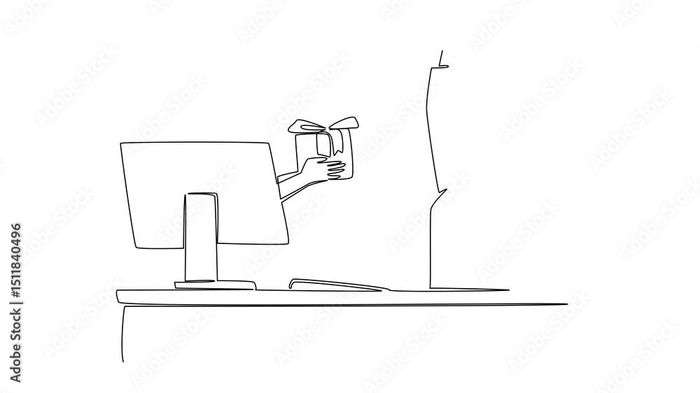 Poster self drawing animation of single continuous line drawing hands out of monitor screen while holding a