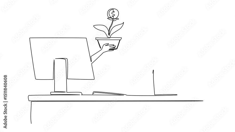 Poster animated self drawing of continuous line drawing hands out of monitor screen while holds money tree 