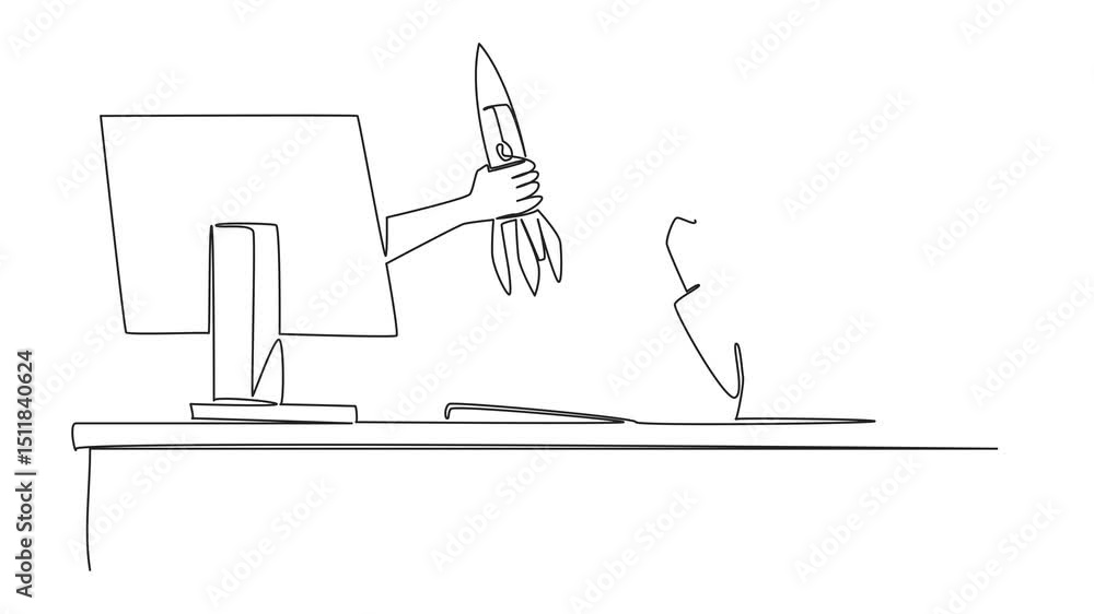 Poster animation of continuous one line drawing hands out of the monitor screen while holding a rocket. lau