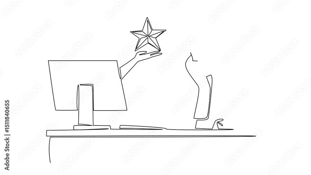 Poster self drawing animation of continuous line drawing hands out of the monitor screen while holding a st