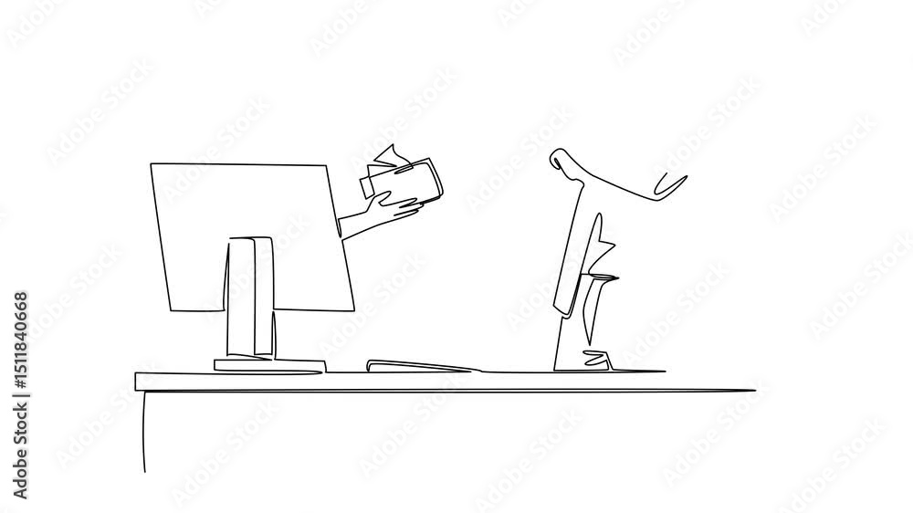 Poster animated self drawing of continuous one line drawing hands out of the monitor screen while holding a