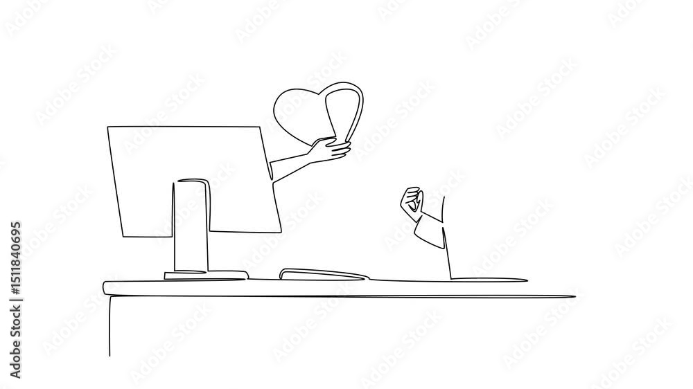 Aufkleber animated self drawing of single one line drawing hands out of the monitor screen while holding love.