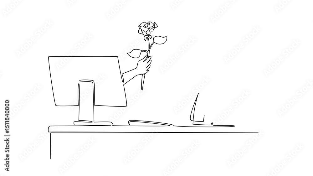 Poster animation of single one line drawing hands out of monitor screen while holding a rose flower. date o